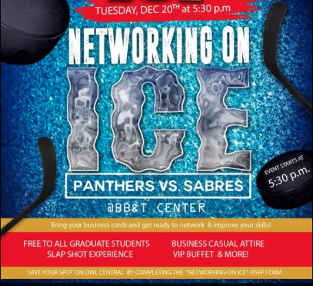 FAUGradCollege's tweet photo. RSVP for @FAU_GPSA's Networking On Ice Dec. 20 at the @thebbtcenter here: https://t.co/QUH6jMUr6T #GradOwls https://t.co/4TyexxeTWf
