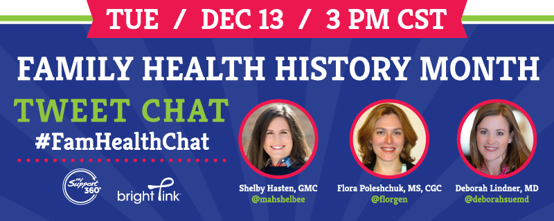BeBrightPink's tweet photo. Join us 4 our family health history &amp; genetic testing #tweetchat w/@myriadgenetics 12/13 at 3pm CST. Bring questions! #FamHealthChat https://t.co/09bL4U7Jds