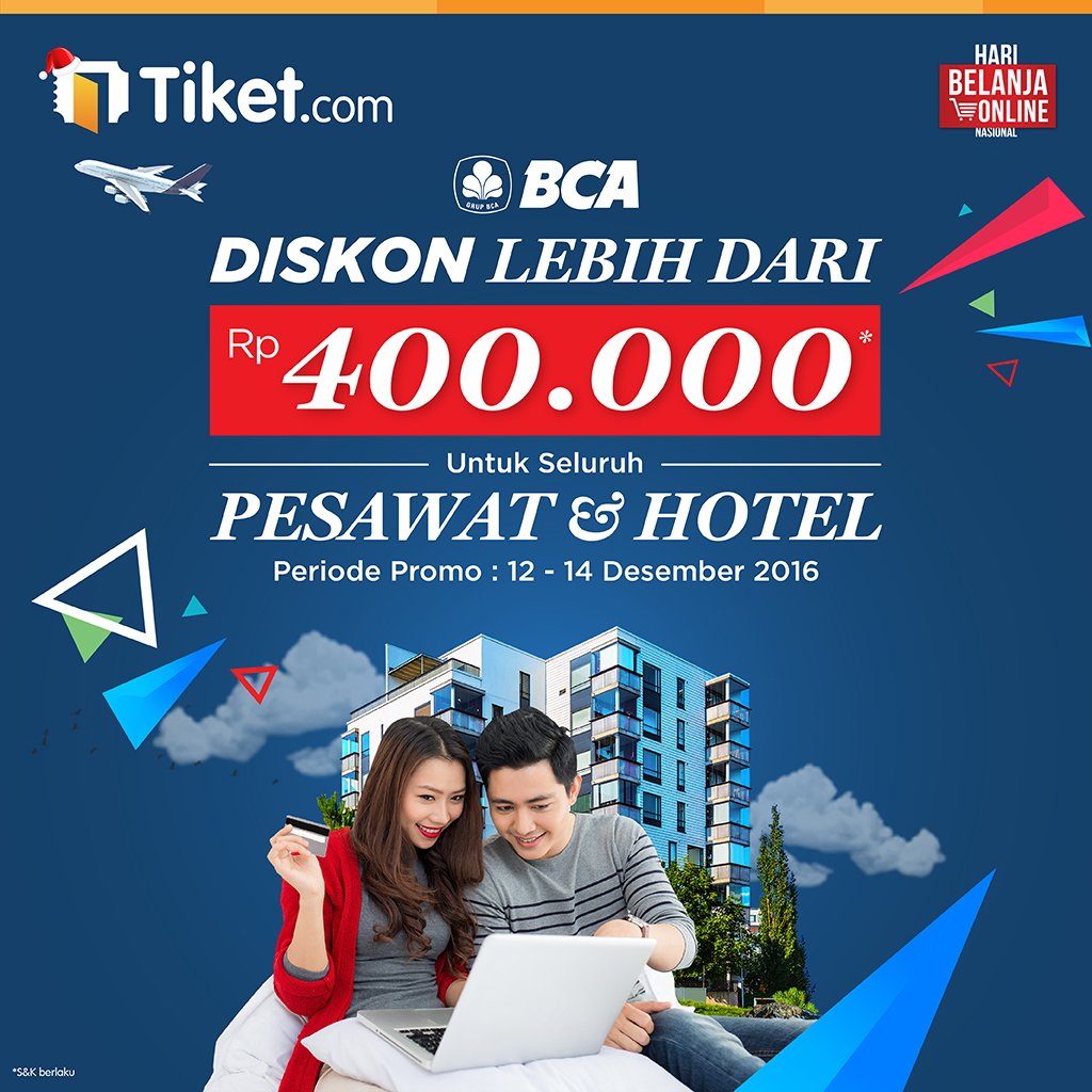 tiket's tweet photo. Khusus utk nasabah BCA! #ayobelanjaonline &amp; nikmati diskon lebih dr Rp 400.000 Rayakan keceriaan #harbolnas2016 di https://t.co/biLpdZEpjY https://t.co/XbfuEb5anE