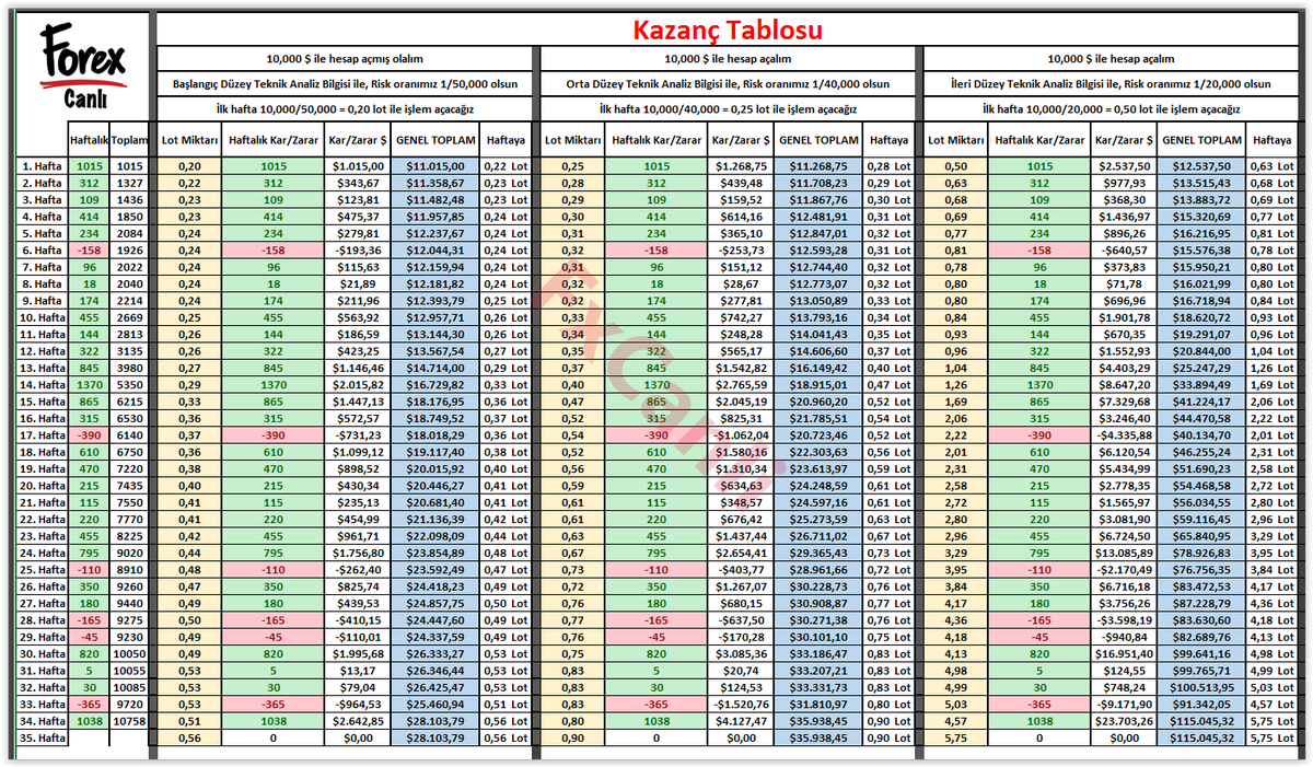 34. hafta elde edilen +1038 pips ile, 10,000$ ımız ne kadar oldu? Aynı Pipsler ama farklı Risk yönetimi ile Elde edilen değişik Kar oranları