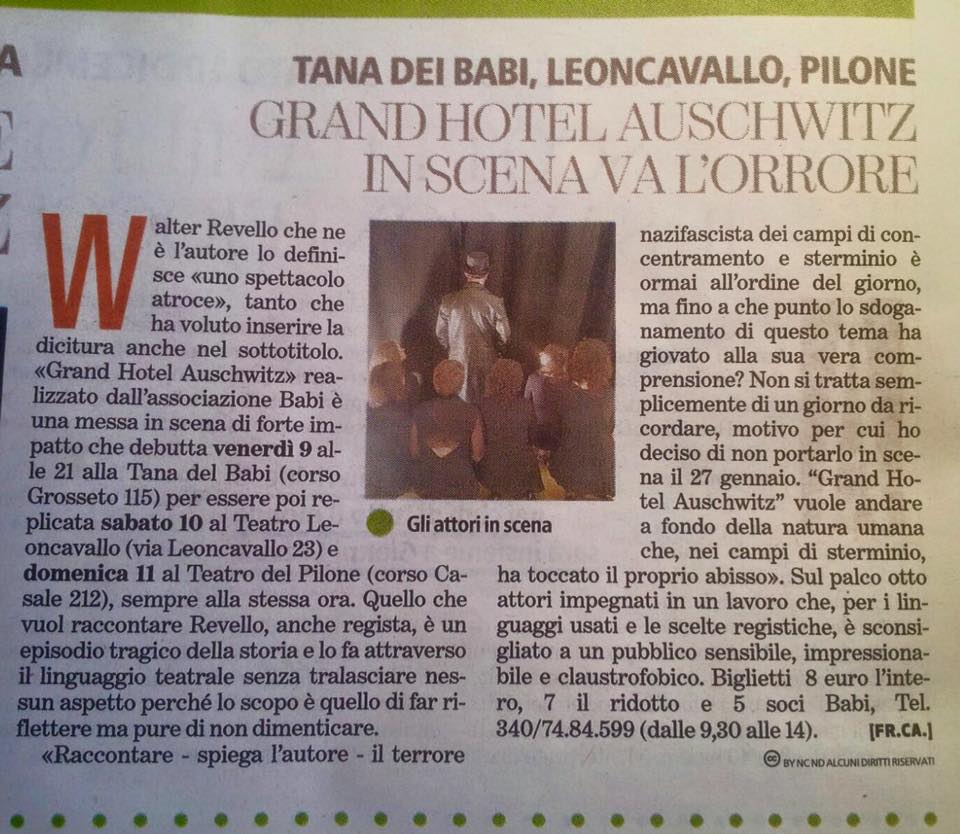 Ci siamo! "Grand Hotel Auschwitz" da stasera in scena!Siateci, suvvia! #Torino , #Teatro, ilbabi.it , <a href="/TorinoSette/">Torino Sette</a>  <a href="/APS_BABI/">BABI</a>