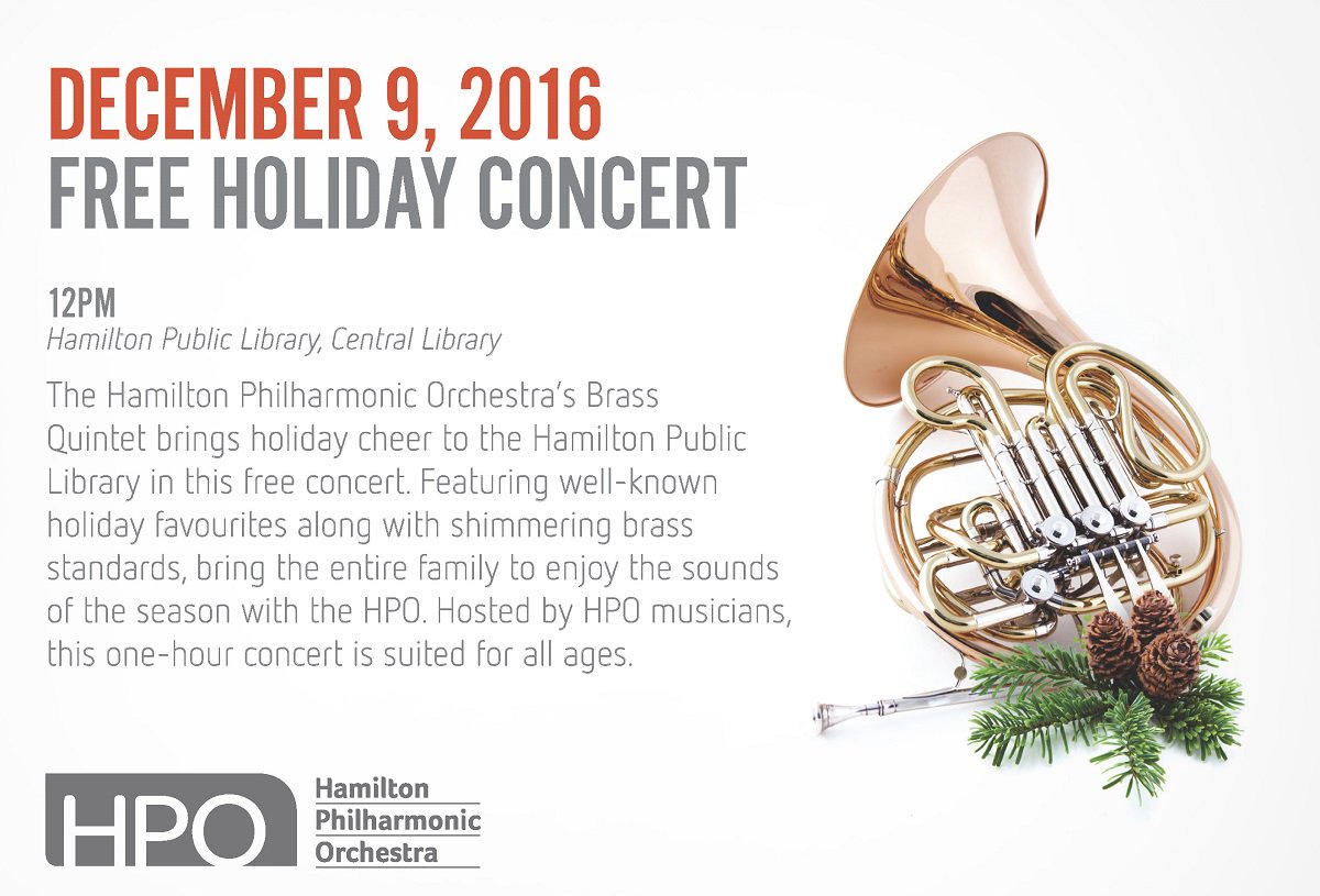 HamiltonLibrary's tweet photo. Start a new seasonal tradition TODAY! @H_P_O Free Holiday Brass Concert at HPL Central at 12pm! Don't miss it! https://t.co/o8y3KblhXz https://t.co/9oZW7aBqXo