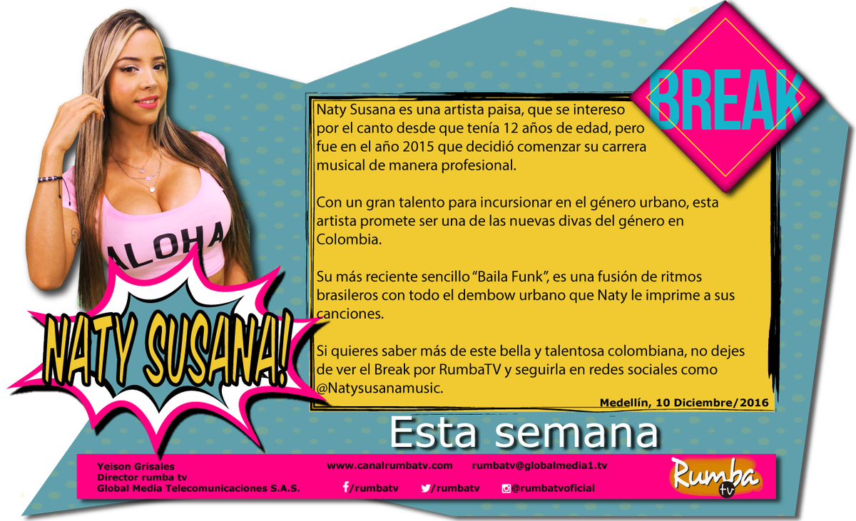 RumbaTV's tweet photo. @RumbaTV próxima semana el programa #BREAK
Naty Susana #BailaFunk
Espéralo durante nuestra programación habitual. @Natysusanamusic https://t.co/xGXqxCls7W