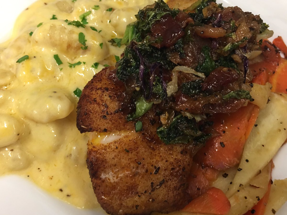 Cajun Braised Grouper with Bacon Greens &amp; Cheesy Gnocchi. #freshseafood #grouper #seafoodlovers #CraftBeer #muncieindiana #foodpics