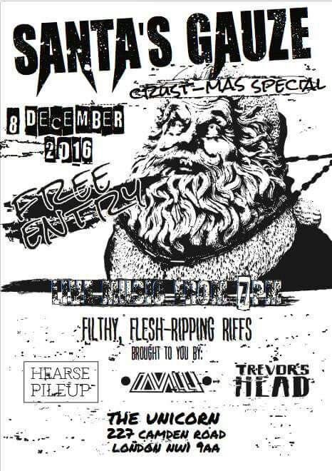 Live Review | Matt Butler went to Santa's Gauze (Crust-mass Special) with <a href="/CavalliBand/">BandCavalli</a> <a href="/HearsePileup/">Hearse Pileup (@hearsepileup@metalhead.club)</a> &amp; <a href="/TrevorsHead/">Trevor's Head</a>. ow.ly/NKUN306Y3me