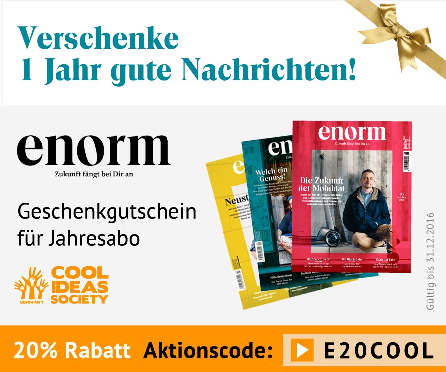 Perfekt für Eure #SocEnt-Weihnacht: Rabatt auf Geschenkgutschein von @enorm_magazin. buff.ly/2hsfk5t Danke @GoodimpactOrg