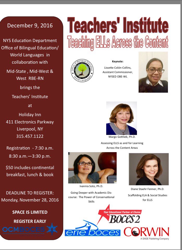 Carla_Miller's tweet photo. #NYSED,OBE-WL,RBERNs &amp; @CorwinPress Sponsor 2016 Teacher's Institute w/ @NYSEDNews Assistant Commissioner Lisette Colon-Collins. @ocmboces https://t.co/rtDQMNBjT4
