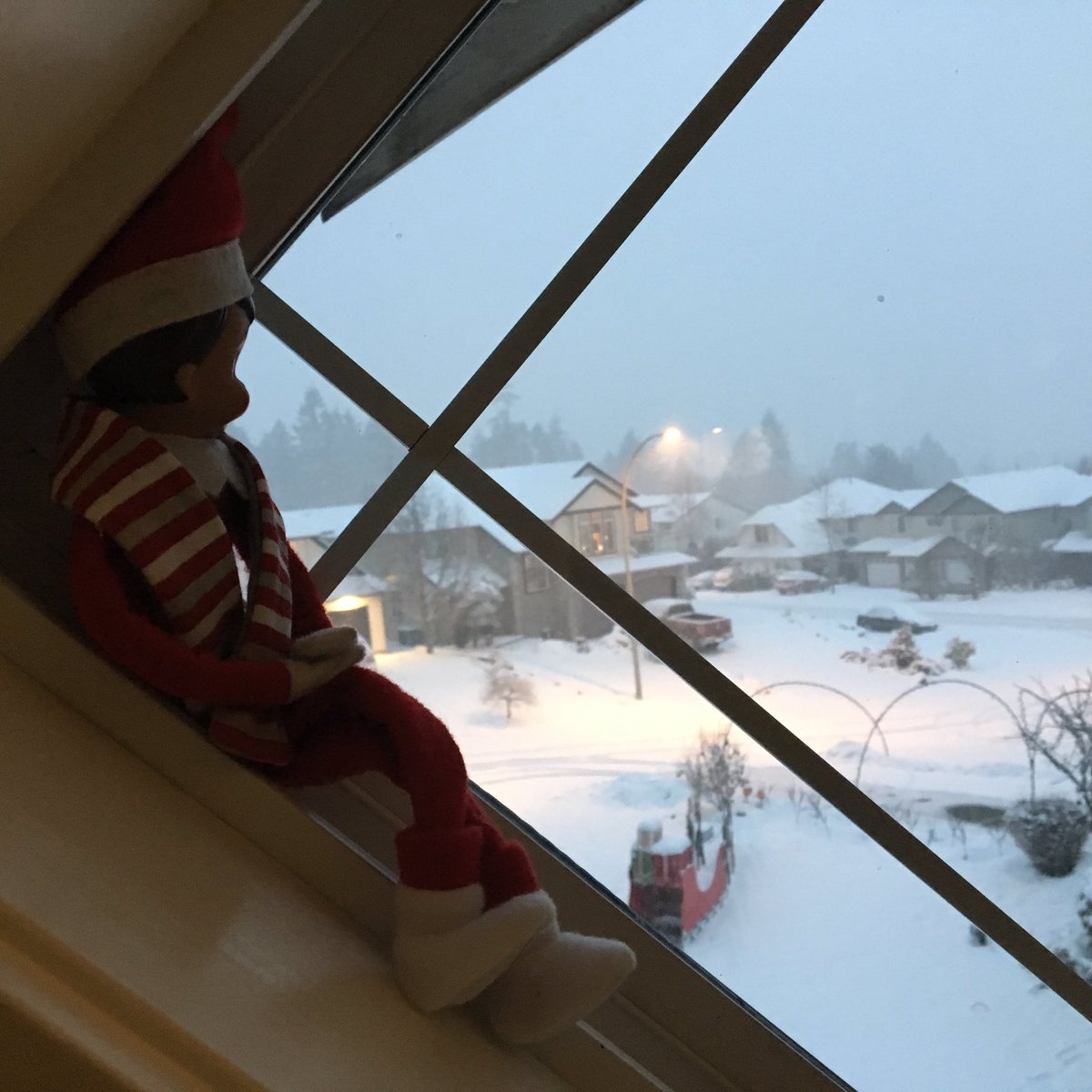 Buddy the elf watching the snow fall in Nanaimo!! <a href="/GlobalBC/">Global BC</a> #bcstorm