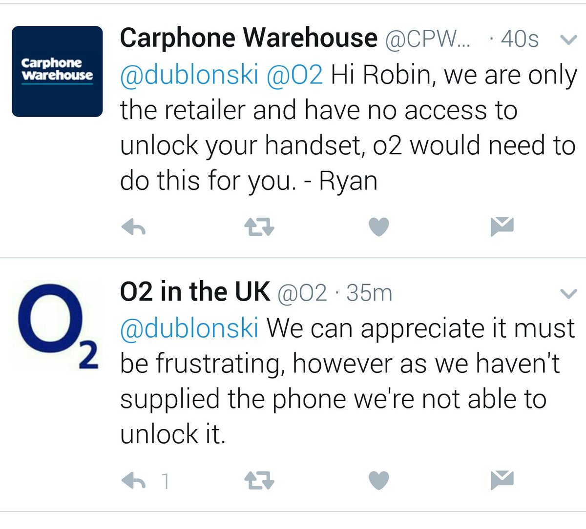 dublonski's tweet photo. @O2 @CPWTweets Well done both of you. You both refuse to help because of the other. Customer service at its finest. #copout #badservice https://t.co/5ibDmPz6Xh