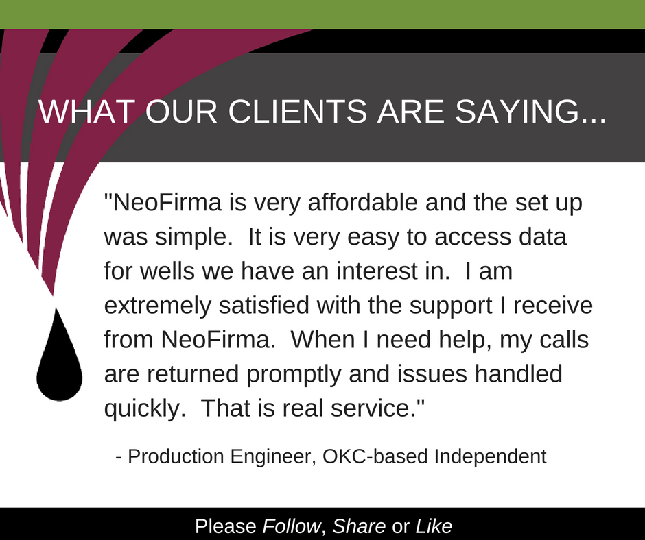 NeoFirma's tweet photo. NeoFirma's production &amp; #drilling #SaaS is simple &amp; affordable. Our clients say we have great service too! https://t.co/d45q79tq5p #NeoValue https://t.co/1hRHzqFvMz