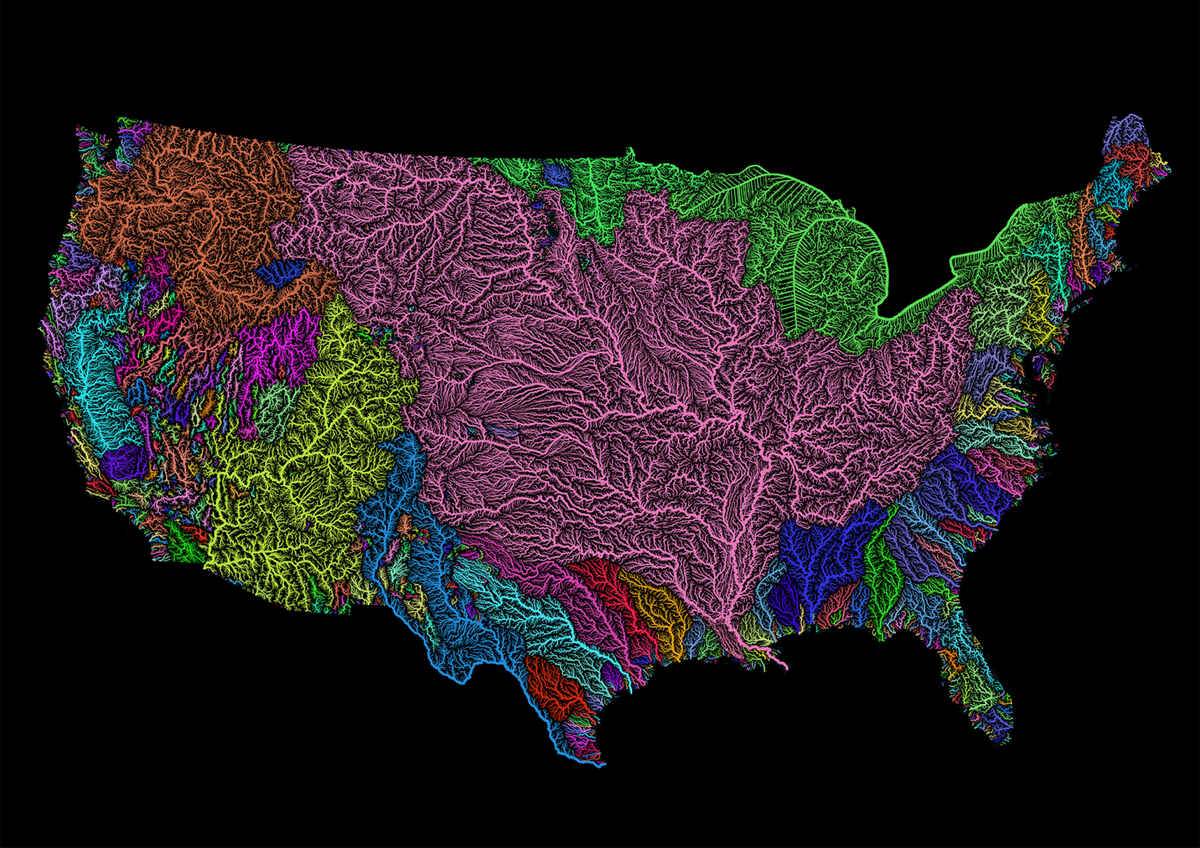 LBaleydier's tweet photo. Très belle visualisation du bassins des fleuves aux USA https://t.co/xd6HaCbiew #dataviz https://t.co/yf2L9ej9dI
