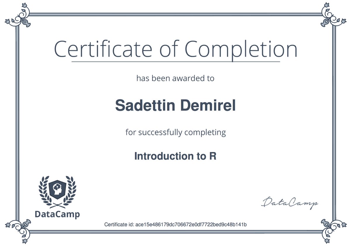demirelsadettin's tweet photo. Now I can call myself officially #rnewbie😀 with these R certificates thanks to @DataCamp, swirl and lots of #MOOC on R #rstat #ddj #rddj https://t.co/XVEEe7QdAk