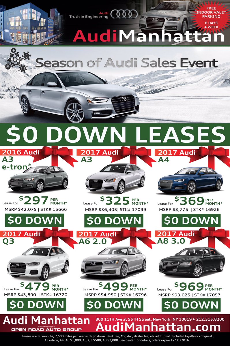 ManhattanAudi's tweet photo. ♫'Tis the #Season of#Audi♫ Celebrate w/ $0 down lease #specials during this #salesevent Happy Holidays! #quattro #luxury #A3 #Q3 #A8 #A6 #A4 https://t.co/fSD3Vc5Fn0