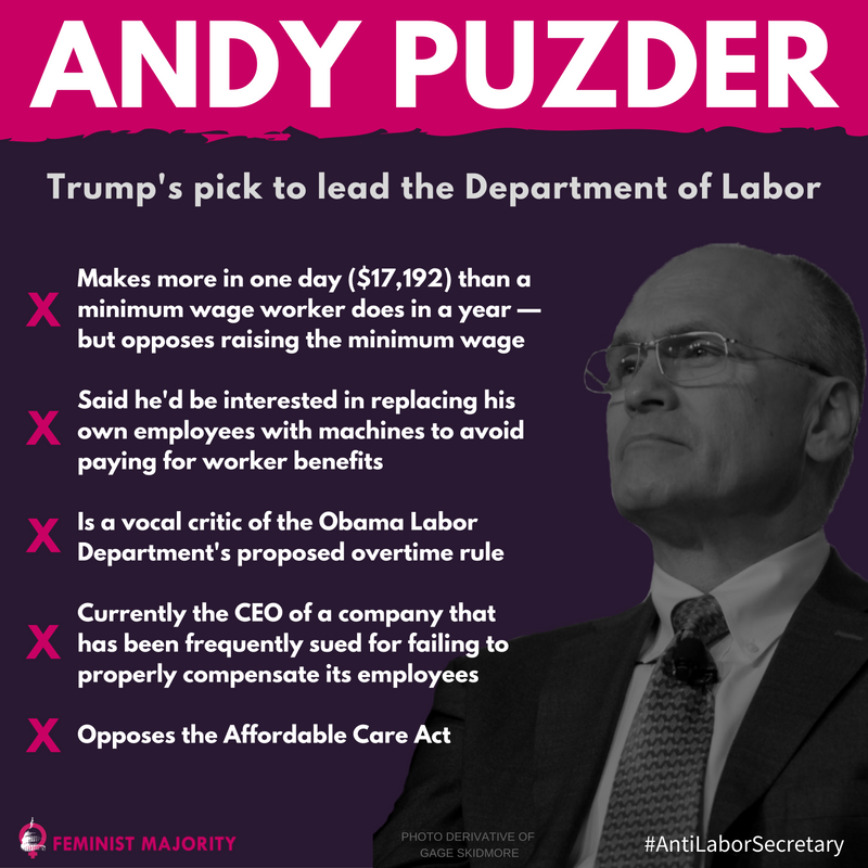 FemMajority's tweet photo. Puzder has long opposed abortion rights — and even wrote a law trying to overturn Roe v. Wade: https://t.co/VlfnEP2XIH #AntiLaborSecretary https://t.co/Y7t3wHjQwB