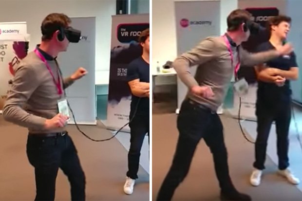 dailystar's tweet photo. WATCH: #OculusRift Virtual Reality gamer smacks stranger while enjoying #VR session https://t.co/lxTujZYwtO #WaveMagic #VR #VRX2016 https://t.co/l62pIuOIhZ