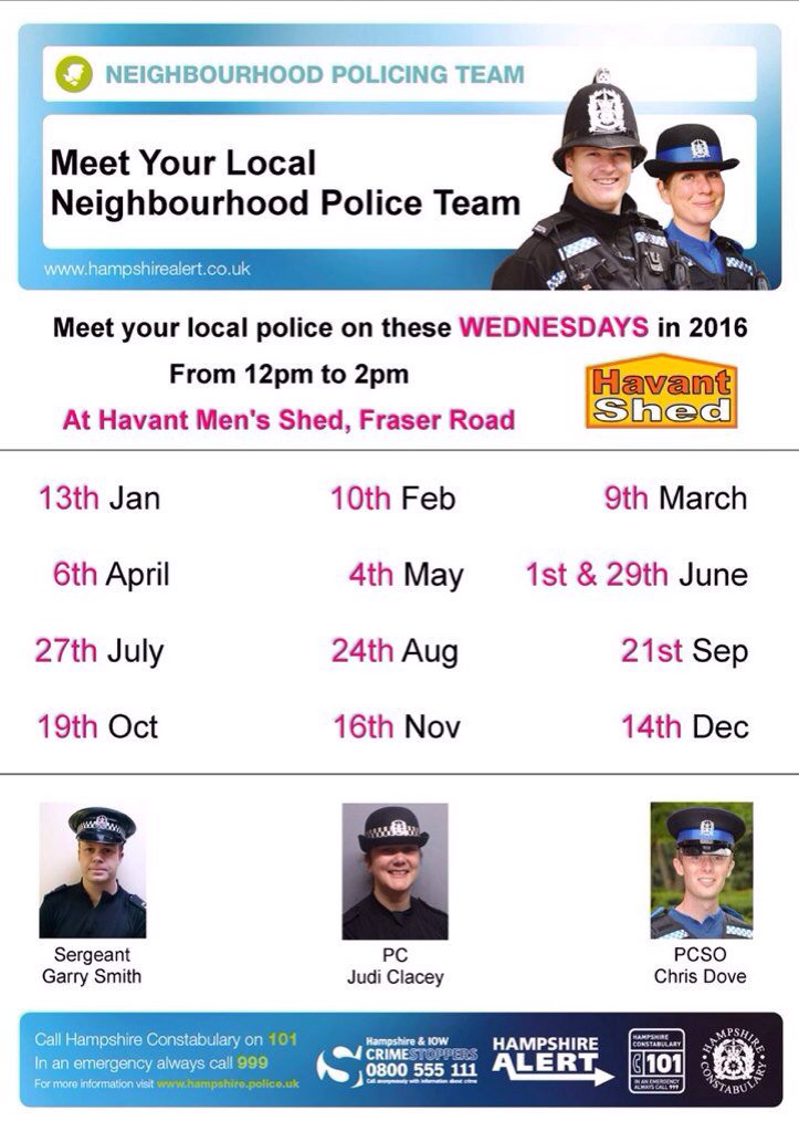 copsncoffee's tweet photo. Meet your @HavantPolice officers at @HavantMensShed on  December 14th 12-2pm!
Share concerns &amp; get advice https://t.co/ZQNVuUJy7G