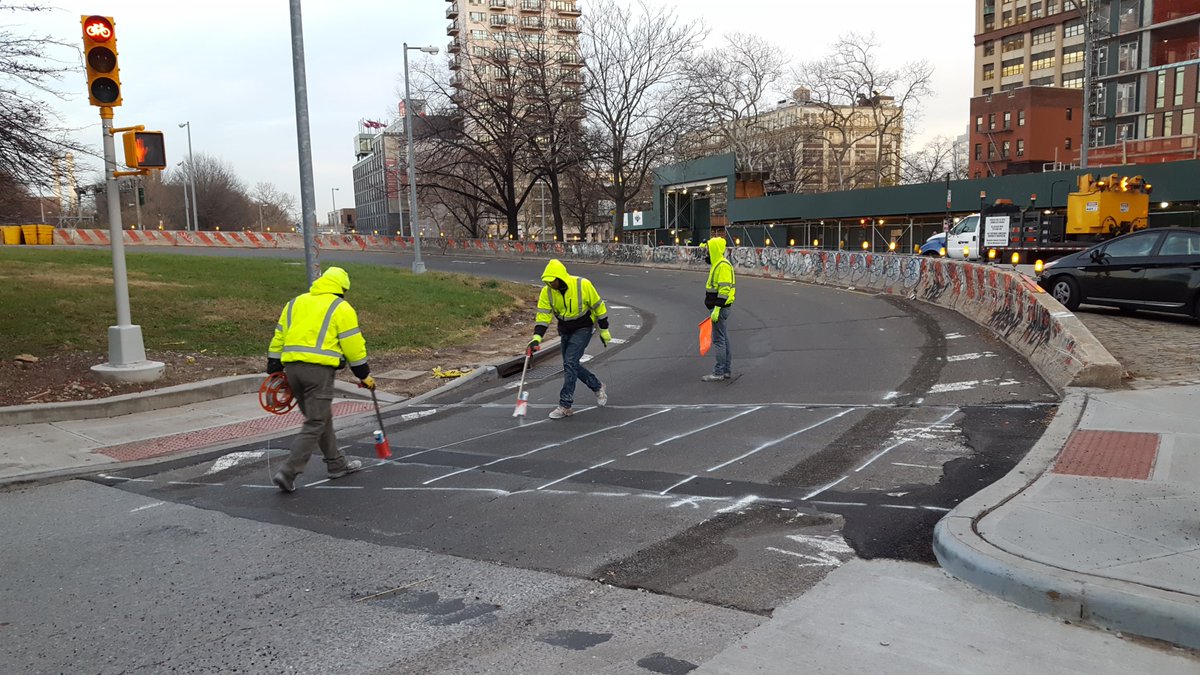 NYC_DOT's tweet photo. Preparations are underway for new #bikenyc & crosswalk markings on #JaySt! 1/2 https://t.co/FEDEa2A3PA