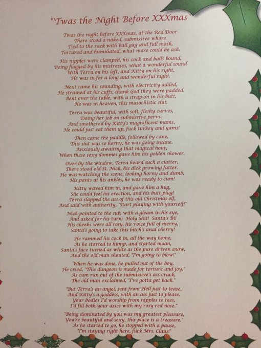 A naughty Christmas poem, written by one of my favorite submissives https://t.co/MDgudicBLe<a href="/tag/latex"class="tags"><span>#latex</span></a><a href="/tag/eastersunday"class="tags"><span>#eastersunday</span></a><a href="/tag/easter2018"class="tags"><span>#easter2018</span></a>
