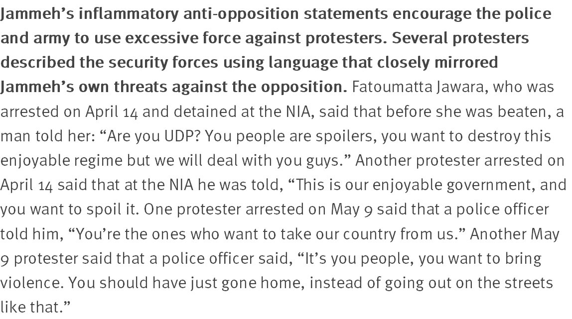 As we watch the reaction of #Gambia security forces to #Jammeh’s statement, read this para. from our November report hrw.org/report/2016/11…