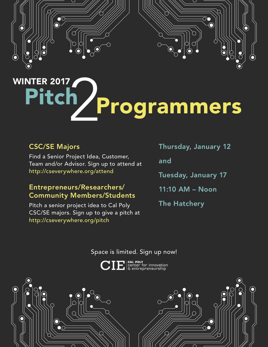 #Pitch your #ideas to <a href="/CalPoly/">Cal Poly</a> CSC &amp; SE #students looking for a senior project. Sign up now: bit.ly/2hfVI5Q