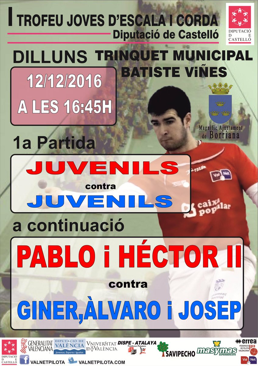 Cartell per al dilluns a Borriana. Vos esperem amics @pilotaveu <a href="/ElJocDelPoble/">El Joc Del Poble</a> <a href="/DipuEsport/">Castellón, Escenario Deportivo</a> <a href="/tesasports/">Tesasports</a> <a href="/Castdepor/">Castdepor</a> #pilotavalenciana