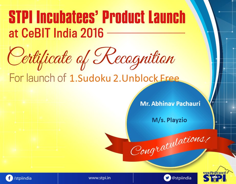 STPIBengaluru's tweet image. Congrats M/s.Playzio, for launch of product 1.Sudoku 2.Unblock Free  #CeBIT2016 @Omkar_Raii @stpiindia@Cebitindia @Playzio