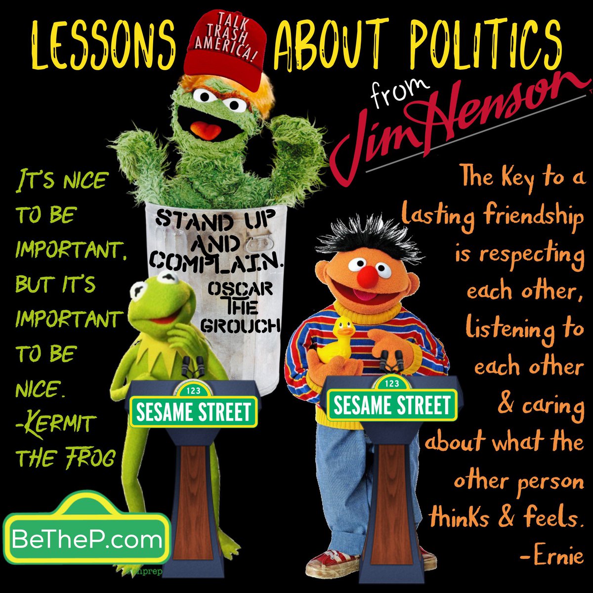 BeThePea's tweet photo. E is for Empathy. The latest in my Lessons about Politics series: insight from Kermit and Ernie. #insPEAration #sesamestreet #election2016 https://t.co/xn3s0I2ZYA