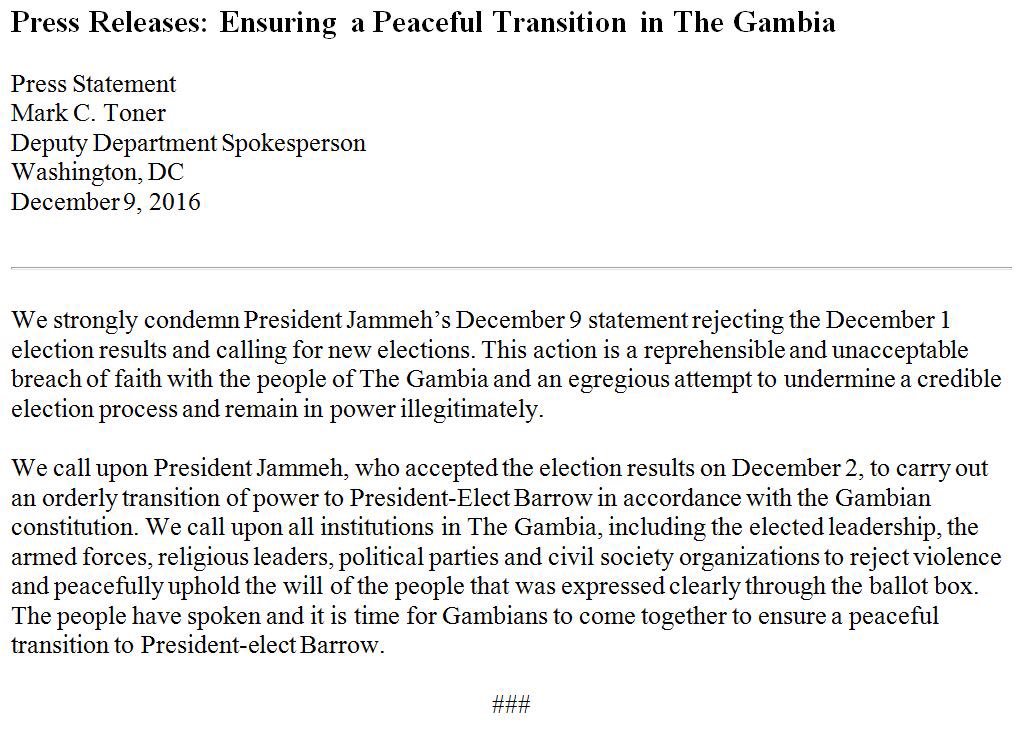 Pres Jammeh must uphold will of #Gambian ppl, who participated in peaceful, credible elections. Need orderly transition to Pres-Elect Barrow