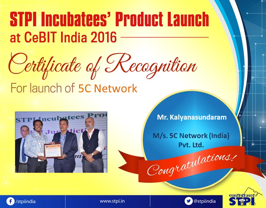 STPIBengaluru's tweet image. Congrats M/s.5C Networks (India) Pvt Ltd, for launch of product  5C Network @stpiindia #CeBIT2016 @omkar_raii @Cebitindia @5CNet_Tele