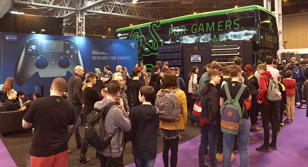 Razer's tweet image. Day 2 of #i59 is underway! Swing by the booth and #RazerBus in hall 3.
