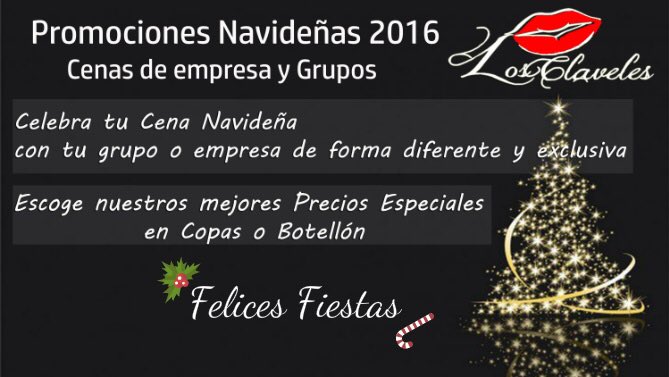Promociones Navideñas 2016 🎄
🍸Cenas de empresa y Grupos🍸
✔️Ofertas en Copas🍷🍸🍹
✔️Botellón en Local 🍾
Os esperamos 😉😉
<a href="/LosClaveless/">Los Claveles</a>