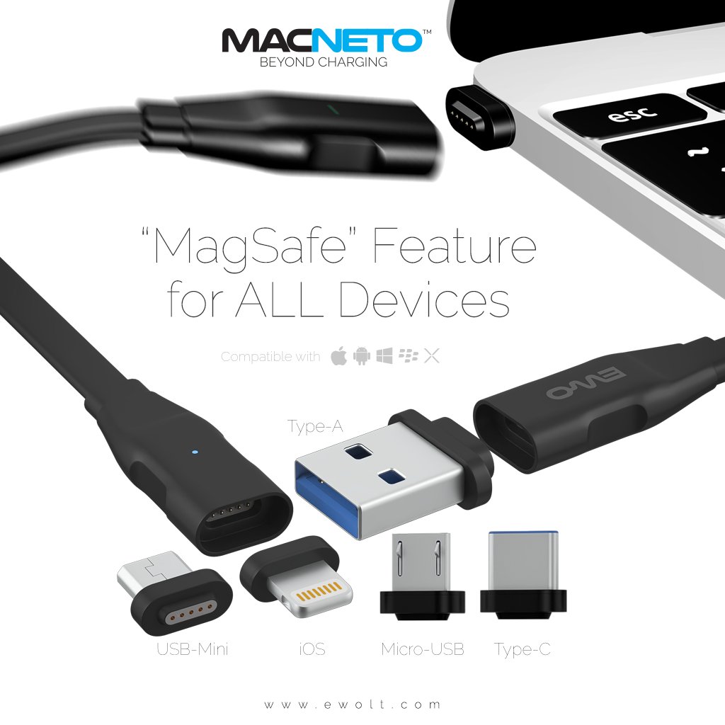 ewoltage's tweet image. #MACNETO - Bringing the #Magsafe feature for all devices, a magnetic power cable for NEW Macbook, MacBook Pro, iPhone7