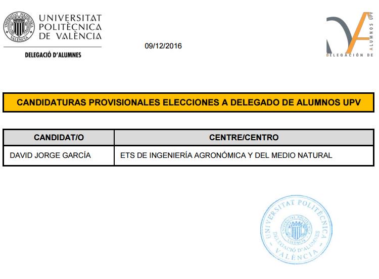 DAVID JORGE GARCÍA <a href="/DavidJorge_DJG/">David Jorge García</a> único candidato a Delegado de Alumnos de la UPV! Enhorabona i molt d'ànim! <a href="/eamnupv/">EAMNUPV</a> <a href="/daupv/">daupv</a> <a href="/FcoMoraUPV/">Francisco Mora (UPV)</a>