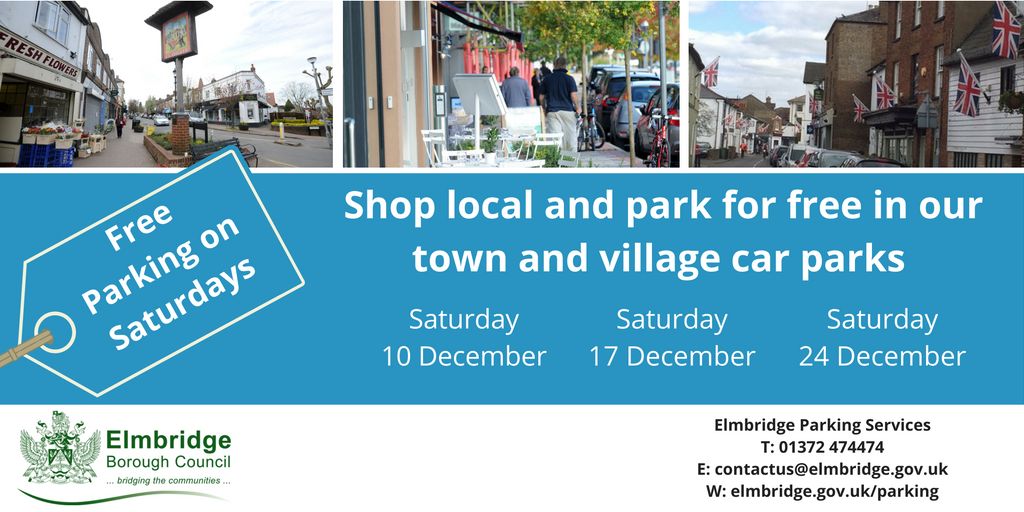 Free parking today &amp; every Sat until Xmas in <a href="/ElmbridgeBC/">Elmbridge BC</a> town &amp; village car parks! Support your local traders and shop, eat &amp; play local.