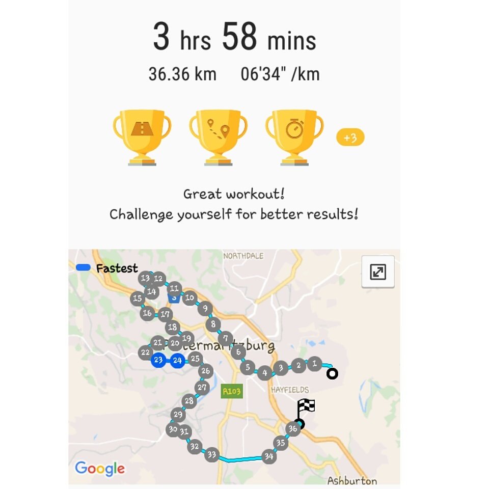 musa_majola's tweet photo. 36.36km banked on a Saturday morning. Ay kona, ngisebenzile ngingedwa. 42km was just too much! #FitnessLoading #WozaComrades2017 ๐ช๐ https://t.co/0mG1ldmkMN