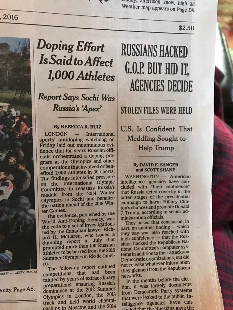 EconomyBen's tweet image. Top two stories in the NYT: Russians hacked the election to aid Trump and cheated massively at the Olympics.