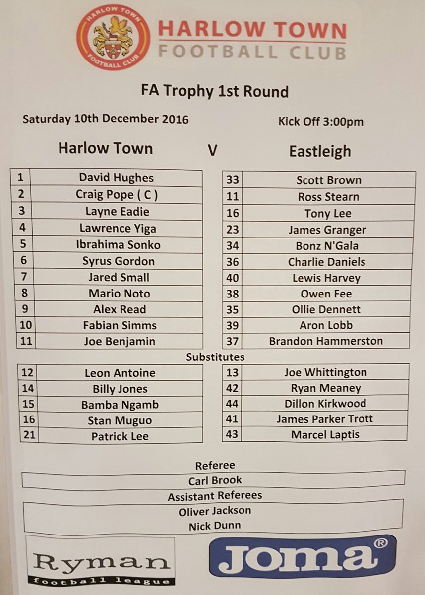 LINE-UPS: <a href="/HarlowTownFC/">Harlow Town FC</a> vs <a href="/EastleighFC/">Eastleigh FC</a>. <a href="/BuildbaseUK/">Buildbase</a> <a href="/FA/">The FA</a> Trophy 1st Round. Kick off 3pm.
