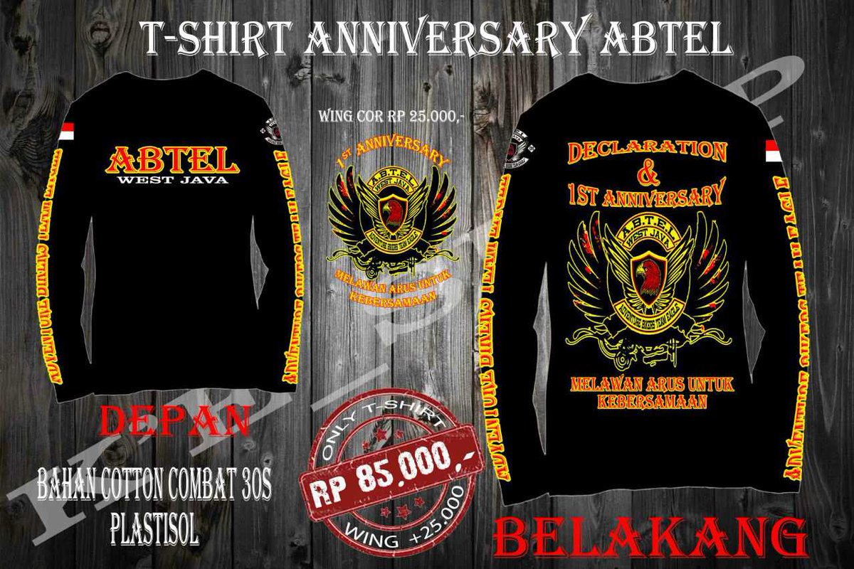 Monggo di order kaos Declar + 1st Anniv ABTEL WEST JAVA. 
Kaos: 85.000
Kaos+Wings: 110.000
Minat, langsung DM.