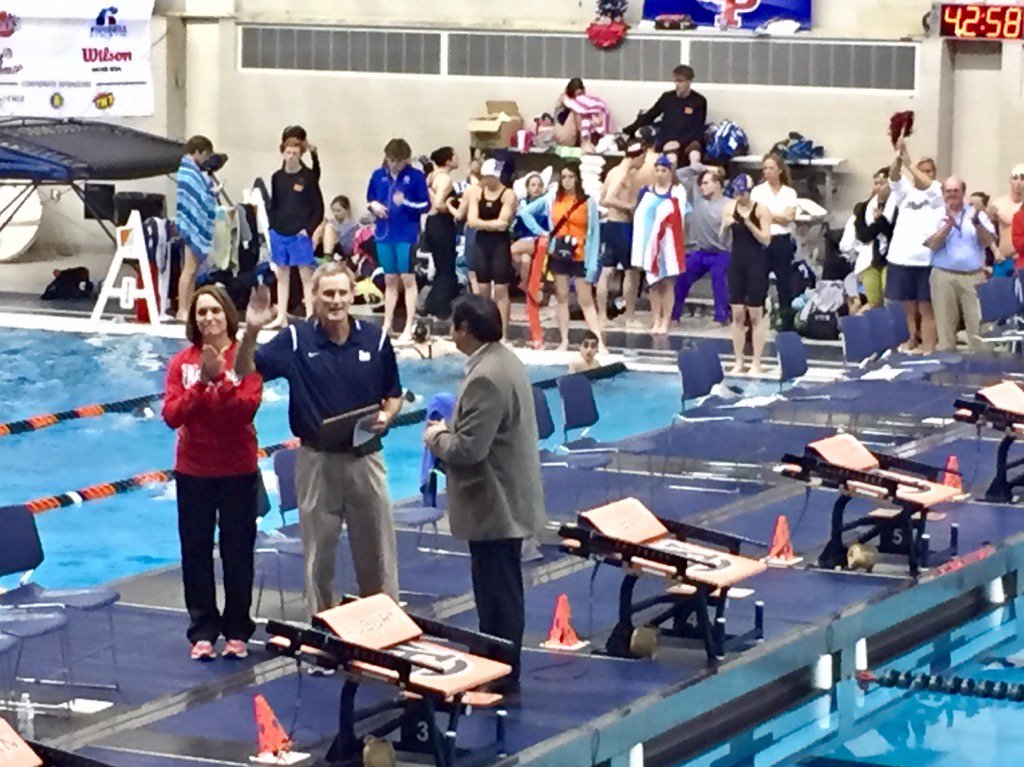 Coach Mike Gunner honored at the state swim meet today for 30+ years of coaching. @BJHSSwimandDive