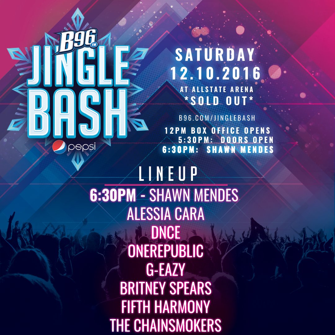B96Chicago's tweet photo. Here's the lineup order for tonight's #JingleBash! Doors open at 5:30pm and @ShawnMendes performs at 6:30pm SHARP! https://t.co/BE5c7zN3Rv https://t.co/srXoale6Wy