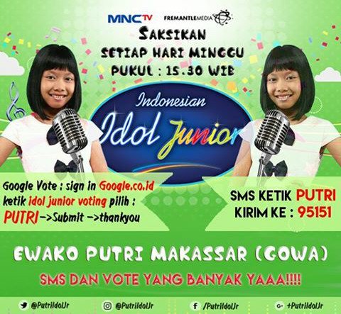 PutriIdolJr's tweet photo. Jangan lupa dukung PUTRI (MAKASSAR) melalui google vote dan SMS😊 @IndonesianIdol @infoMKS_ @Daeng_Info @PramborsMKS @BeritaMks @topongoro_ https://t.co/hko0YuNkcx