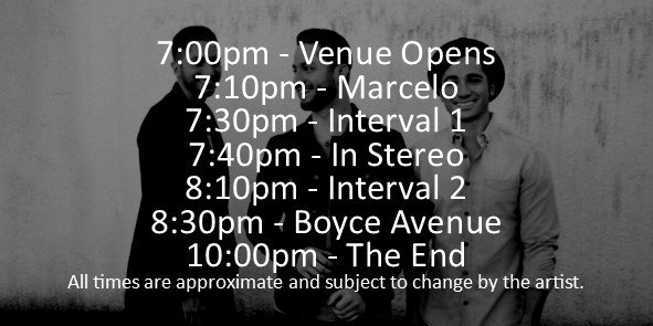 PalaisTheatre (@palaistheatre) on Twitter photo TONIGHT <a href="/BoyceAvenue/">Boyce Avenue</a> Tickets>> bit.ly/2cgUcCo or at the Box Office from 6pm.
Running Times▼ TONIGHT <a href="/BoyceAvenue/">Boyce Avenue</a> Tickets>> bit.ly/2cgUcCo or at the Box Office from 6pm.
Running Times▼