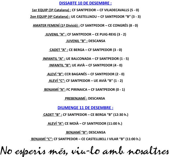 <a href="/CFSANTPEDOR/">C.F. SANTPEDOR</a> 
Resultats Dissabte 10 de Dessembre.