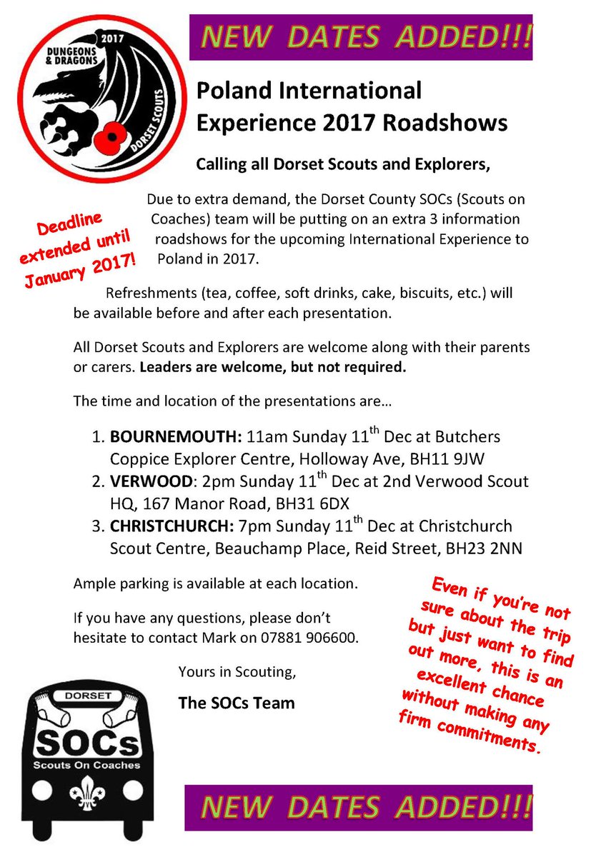 Looking forward to seeing lots of lovely Scouts, Explorers, and parents today at our Roadshows for next year's EPIC adventure to Poland!!