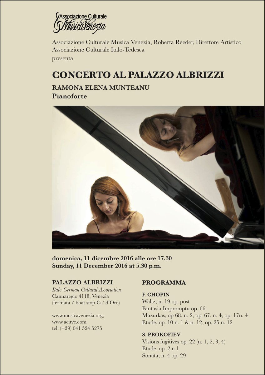 MusicaVenezia1's tweet photo. #venezia concerto Palazzo #Albrizzi Ca' D'Oro Ramona #Munteanu pianista #Chopin e #Prokofiev domenica 11 dicembre ore 17.30 ingresso libero https://t.co/SNEYVH3axl