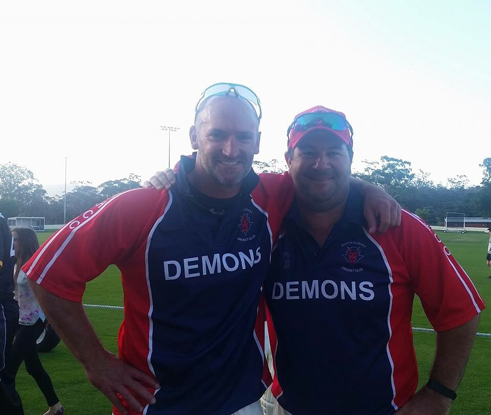 crickettas's tweet photo. A couple of Tasmanian cricket legends here after having a hit in the over 40s Comp! @dmarsh0404 &amp; @MjDiVa5 https://t.co/dHQZKnsDLO