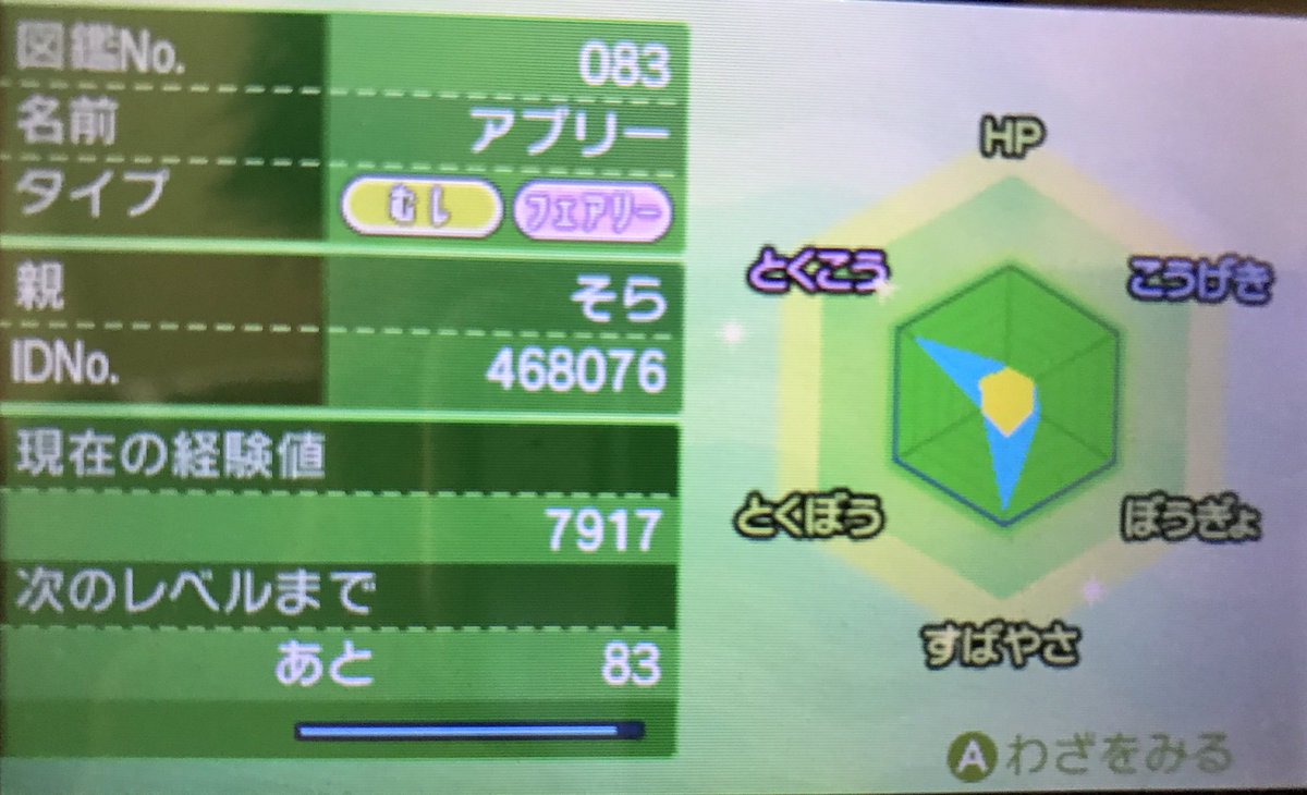 そら Invidia V Twitter ポケモンsm アブリー Lv19 ひかえめ 物音に敏感 みつあつめ 5v 防御抜け ポケルス感染源持ち 努力値振り完了 努力値 特攻 252 素早さ 252 防御 4 欲しい人いたらあげます 1匹しかいないから2人以上いたら先着だけど