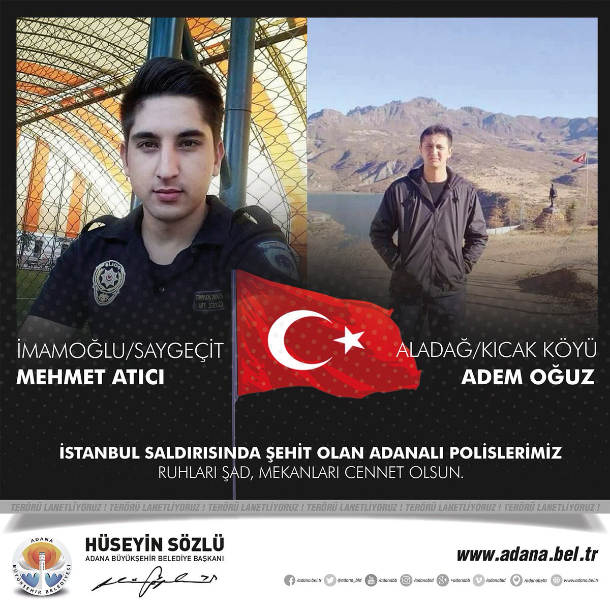 HuseyinSozlu's tweet photo. Adanalı Şehitlerimiz Mehmet Atıcı ve Adem Oğuz'a Allah'tan rahmet diliyorum. 
#TerörüLanetliyoruz
" ŞehitlerÖlmez TürkiyeBölünmez " https://t.co/NDBJcb7uBc