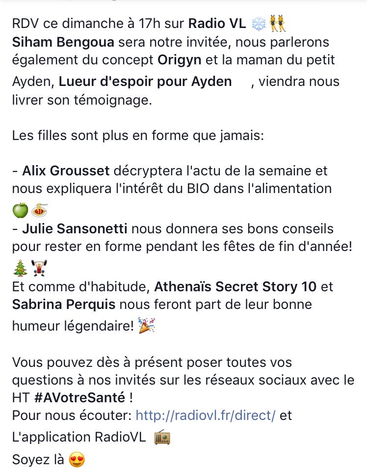 AVotreSantervl's tweet photo. RDV à 17h sur @radio_v_l avec @SihamBengoua @ORIGYNandCO @espoirpourayden 💃🏻💋 
#AVotreSanté https://t.co/vbLoCRrI3C