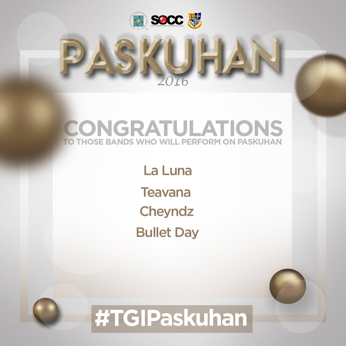 TheUSTSOCC's tweet photo. Presenting your hosts and Thomasian bands for Paskuhan 2016! See you all on Dec. 16, 2016 as we party the semester away - Thomasian style! https://t.co/BBdpQhfg3Z